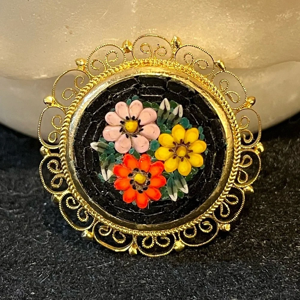 Vintage Italian Micro Mosaic Floral Gold Plated Filigree Brooch Pin